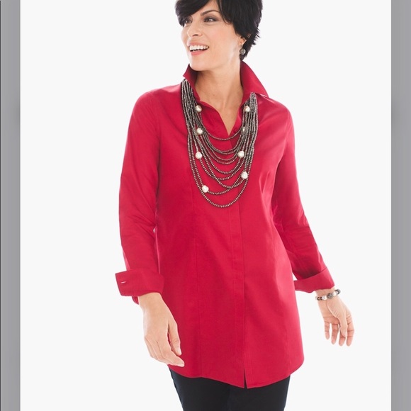 CHICO’S RED NO-IRON SATEEN LONG SLEEVE SHIRT - Picture 3 of 16